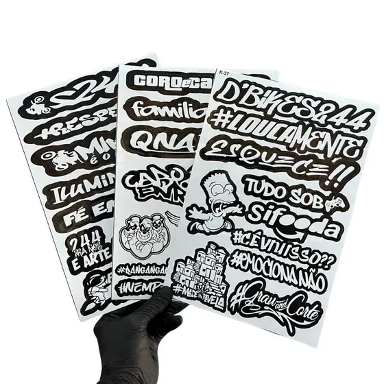 Kit 3 Cartelas Adesivos Vinil Laminado Preto e Branco 30x20cm à Prova D’Água, Não Desbota e Alto Brilho Moto Bike