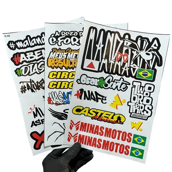 Kit 3 Cartelas Adesivos Vinil Laminado 30x20cm à Prova D’Água, Não Desbota e Alto Brilho Moto Carro Bike Capacete