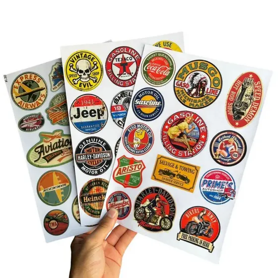🚗 Kit 3 Cartelas de Adesivos Vintage Retrô – 30x20 cm Cada | Laminado Premium | À Prova d’Água 🚗