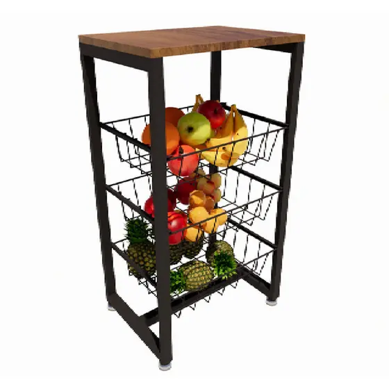 Fruteira 3 Cestos Cozinha Preta Em Aço Base Mdf Amadeirado