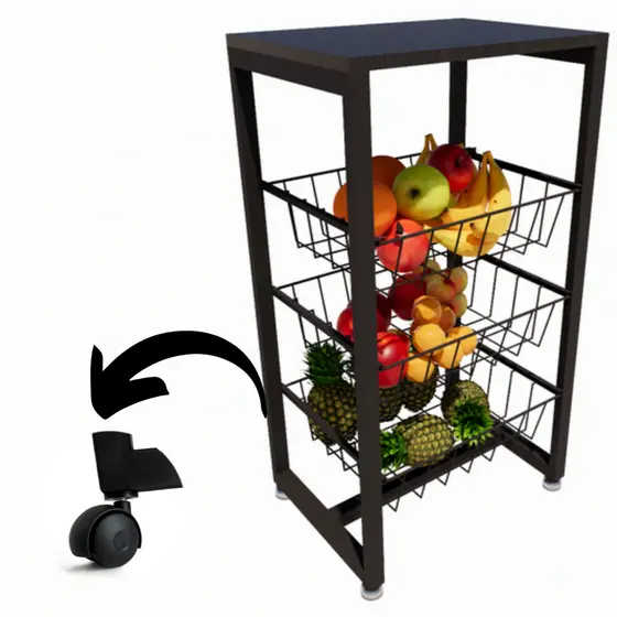 Fruteira De Chão Para Cozinha Em Mdf Aço Preto Com Rodinha