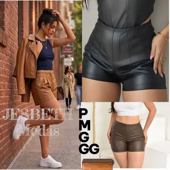 short couro modelagem alta valoriza corpo