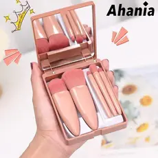 Ahania Kit 5 Pincéis de Maquiagem com Mini Espelho, Portátil, Dobrável, Pincéis Para Base, Contorno, Pó, Cor Nude