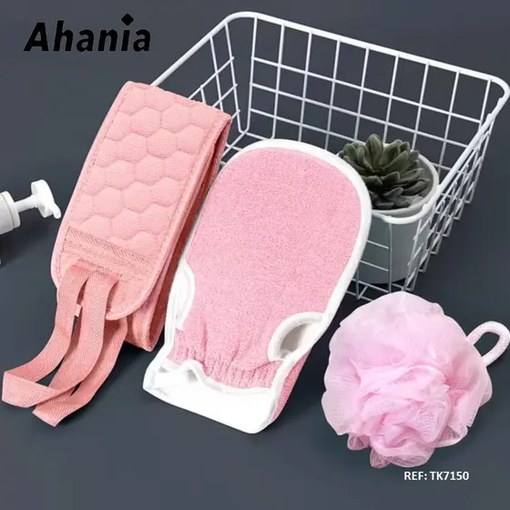 Ahania Kit 3 Peças Acessórios Para Banho Chuveiro, Luvas e Faixa Esfoliante Limpeza Corporal SPA Massagem Esponja Bucha de Nylon Super Macia Esupuma