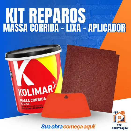 Massa Corrida PVA Kolimar 1,4kg + 2 Lixas de Parede 120 + Aplicador Reparo