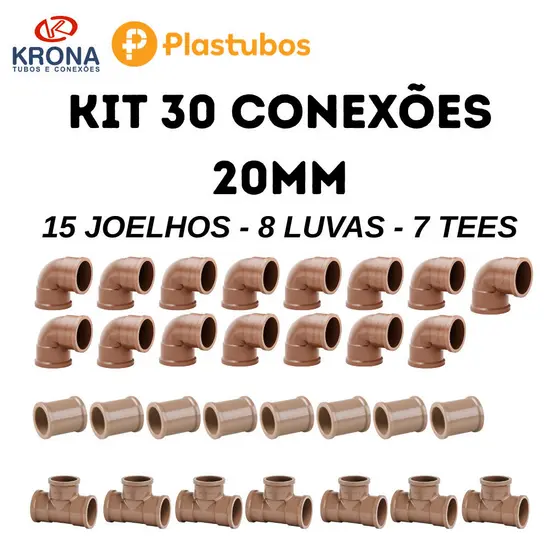 Kit 30 Conexão Pvc 20mm 1/2" Hidraulico Soldavel Agua Fria 15 Joelho 8 Luva 7 Tee Alta Qualidade