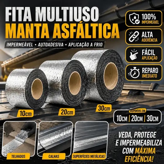 Fita Manta Asfaltica Adesiva Aluminio Veda Tudo P/ Telhado Calha Laje Goteira Reparo Escolha Medida