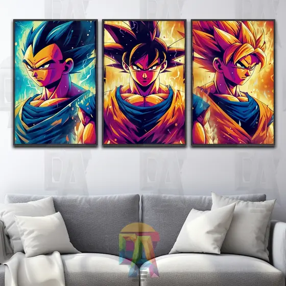 Kit 3 Quadros Decorativo Goku Vegeta Dragon Ball Anime Luxo Para Quarto Sala Escritório Moderno