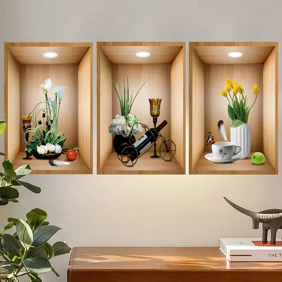 Kit 3 Quadros Adesivo de Parede Moldura 3D Flores e Plantas Verdes Decoração Sala Quarto Escritório