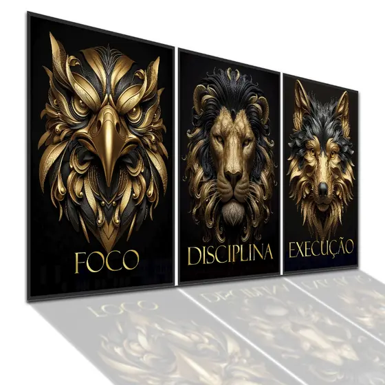 Quadro Decorativo Foco Disciplina Execução Leão Lobo Aguia Gold Para Quarto Sala Escritório Moderno