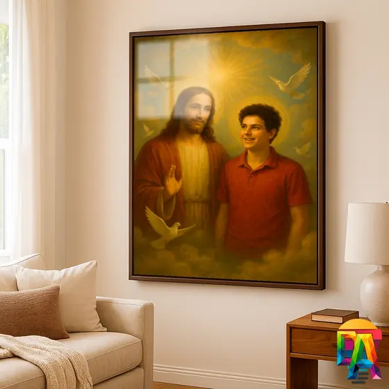 Quadro Religioso Santo Carlo Acutis com Jesus Cristo – Arte Decorativa Grande