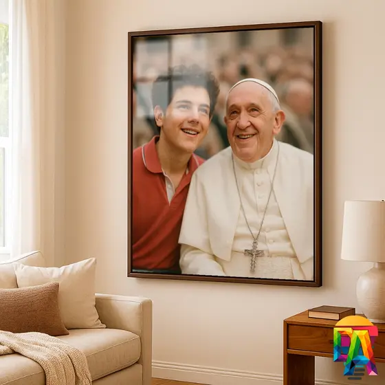 Quadro Religioso Carlo Acutis com Papa Francisco – Decoração Católica Premium