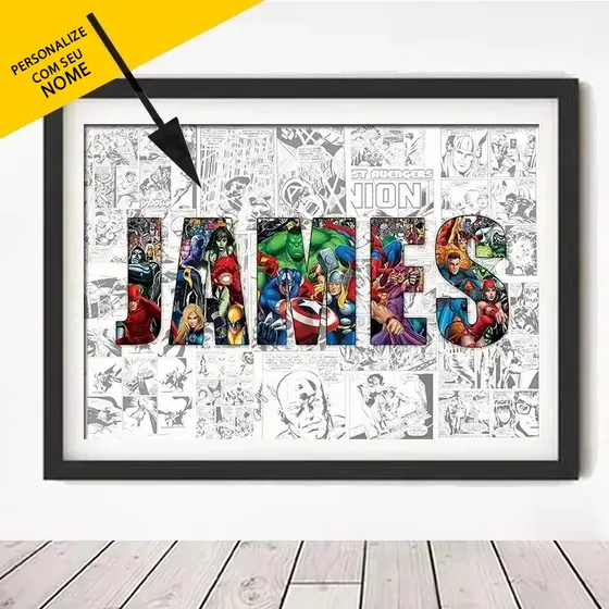 Quadro Decorativo Marvel Heróis Spider-Man e Iron Man Personalizado Seu Nome