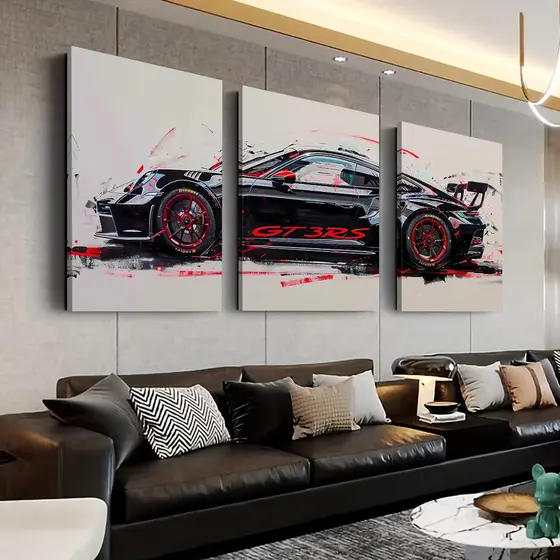 Kit 3 Quadros Esportivo Super Carro GT3 RS Poster Grafite Moderno em Tela HD