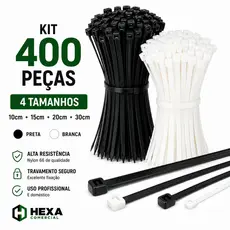 Kit 400 Abraçadeira de Nylon Enforca Gato Braçadeira Cintas Plásticas 10cm-15cm-20cm-30cm-Preta|Bran