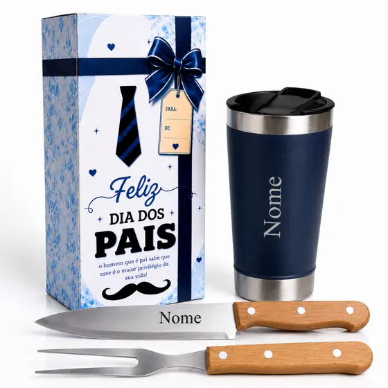 Kit Copo Térmico e Churrasco 2 Peças Personalizado Com nome Presente Dia Dos Pais