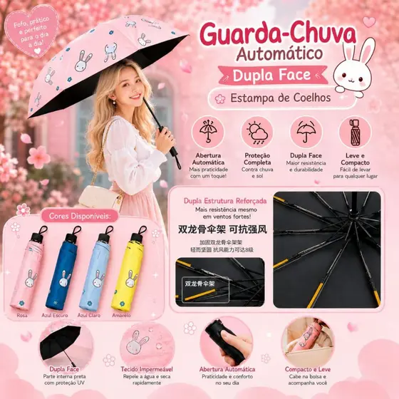 671 - Guarda Chuva Automático Dupla Face com Estampa de Coelhos