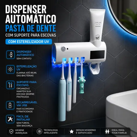 Dispenser Automático Pasta De Dente com Suporte Para Escovas com Esterelizador UV na cor Branca