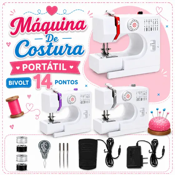 Máquina de Costura Multifuncional com 14 Modelos de Pontos Elétrica Bivolt 110v/220v com Fonte, Pedal e Bobinas