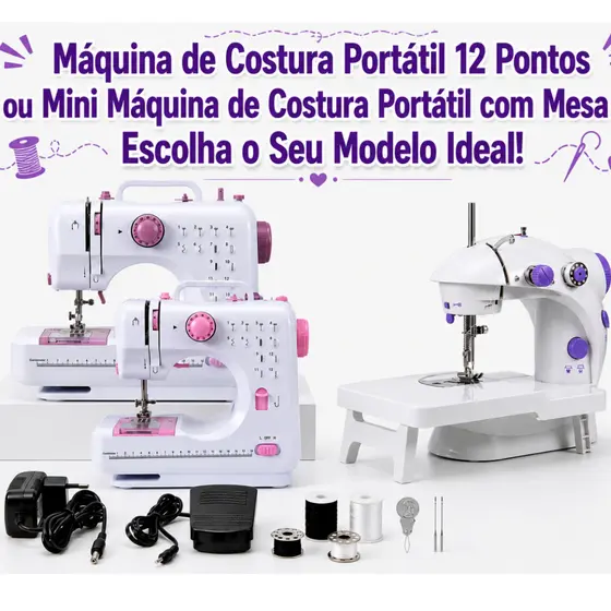 Kit Mesa de Apoio + Mini Máquina de Costura Portátil Elétrica Bivolt 110v/220 - Escolha seu Modelo