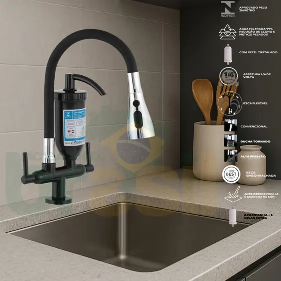 Torneira Preta Com Filtro Abs Gourmet Cone Cozinha Bancada Bica Flexivel Emborrachada