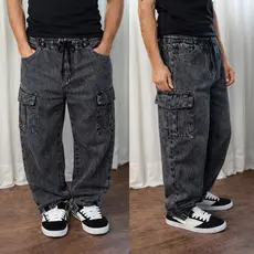Calças Jeans Balão Cargo Boca Larga Masculinas Bolso Lateral