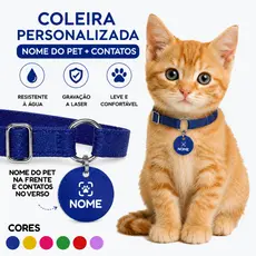 Coleira Elástica Tag de Identificação Personalizada Nome e Contatos do Tutor Gato e Cachorro