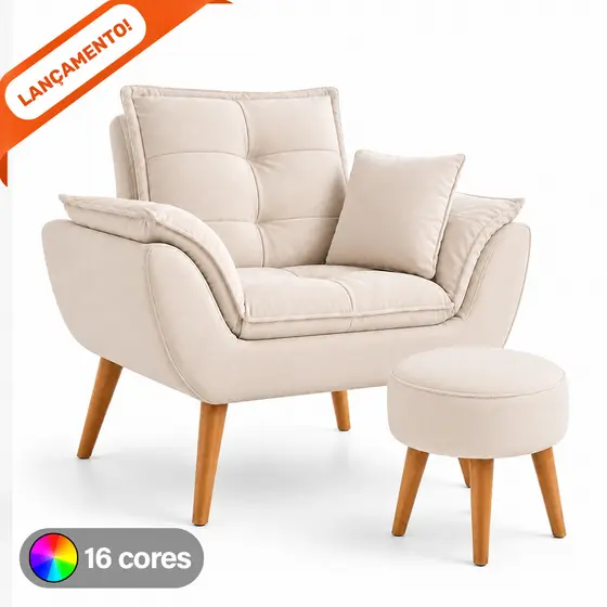Kit Poltrona Decorativa Com Almofada para Sala Opala Amamentação e Puff Redondo Suede Aninha Decor