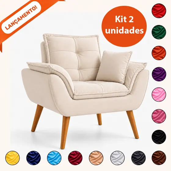Kit 2 Poltronas Com Almofadas para Sala Decorativa Opala Suede Aninha Decor