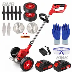 Roçadeira Aparador Cortador De Grama Elétrico Recarregável Com Rodas 2 Baterias de Lítio kit completo