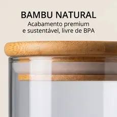 Kit Potes Hermético para Mantimentos de Cozinha Dispensa Armário Plástico Vidro c/ Tampa de Bambu