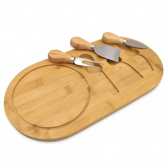 Tábua de Queijos e Frios em Bambu 36x18cm com 3 Utensílios para Petiscos e Aperitivos Gourmet
