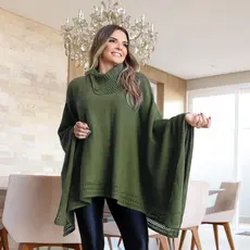 Poncho Feminino Tricot Mousse Liso Gola Alta Casaco Lã Inverno