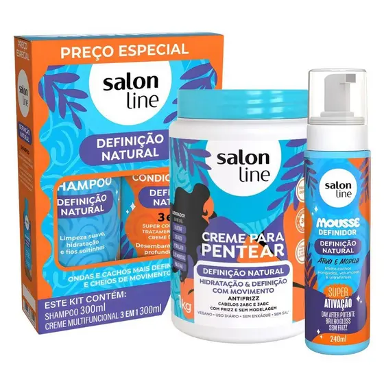 Kit Salon Line Definição Natural: Shampoo, Creme Multifunional 300ml, Creme Para Pentear 1kg e Mousse Definidor 240ml