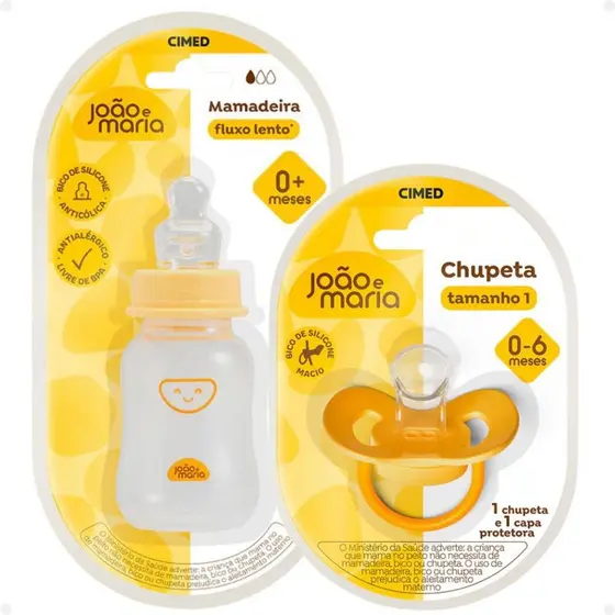 Kit Cimed João e Maria 0-6 Meses: Mamadeira Fluxo Lento 120ml e Chupeta Com Capa Protetora Tamanho 1