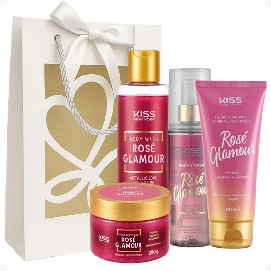 Kit Presente Kiss Ny Rosé Glamour: Sabonete Líquido , Esfoliante, Body Splash e Loção Hidratante