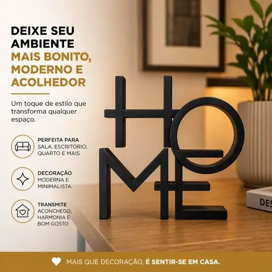 Escultura Decorativa HOME Preta Enfeite Moderno Para Sala Escritório Estante Aparador