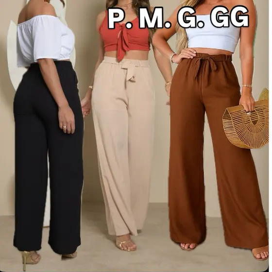 Calça Feminina Pantalona Viscolinho com Forro Bolsos e Cinto Folgadinha Verao P M G E GG