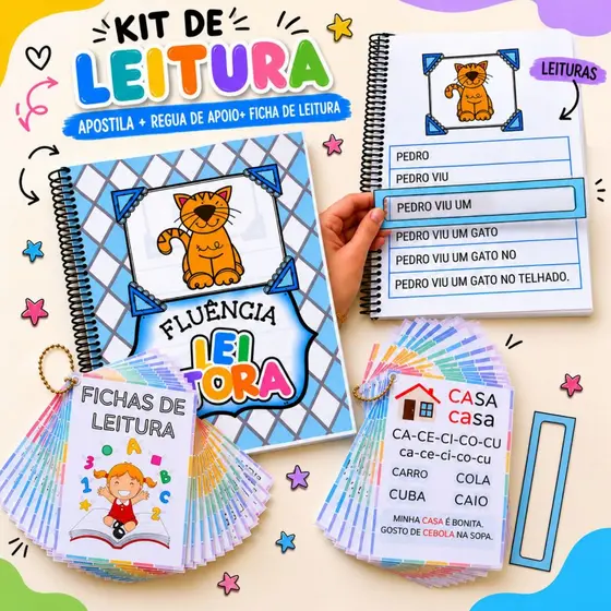 📚  SUPER KIT LEITURA  | Apostila com 100 Frases de Leitura + Régua de Apoio +26 Fichas de Leitura Plastificada