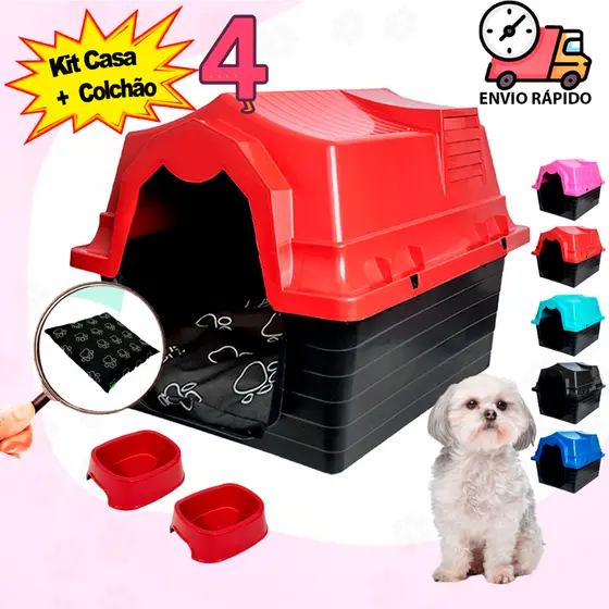 Casa de Cachorro N 4 Casinha Com Cama Para Cachorro Sob Medida + Comedouro e Bebedouro Pet 300ML
