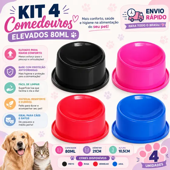 Kit 4 Comedouro Elevado Gato Ergonômico Pequeno 80ml Comedouro Gato Pet Shop