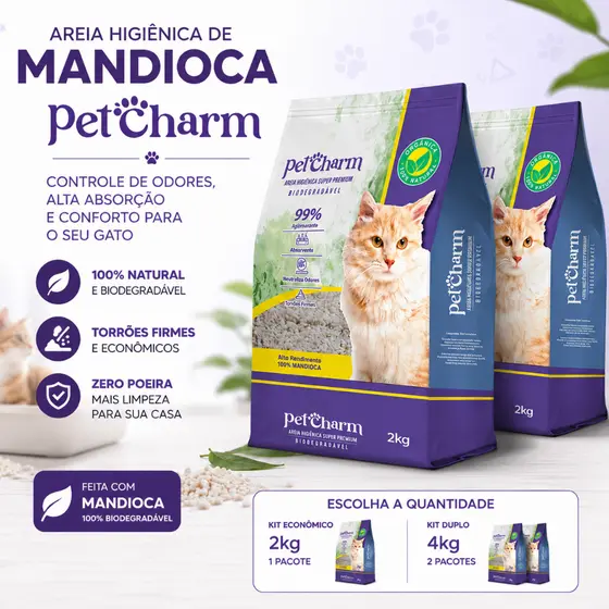 Areia Higiênica para Gato Pet Charm Mandioca Biodegradável Sustentável Controle de Odor 2kg ou 4kg