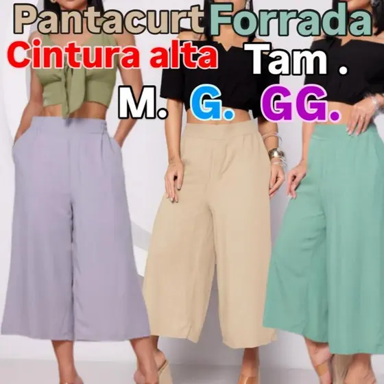 Calça Pantacourt Pantalona Viscolinho Premiun Costa Alta Bolsos Forrada Tendencia