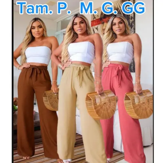 Calça Pantalona Viscolinho Cintura Alta Com Bolso e Forro Con CINTO Elegante Moda Luxo Blogueirinh