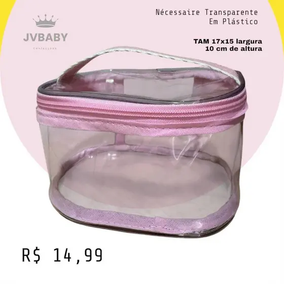 Nécessaire Transparente Rosa com Zíper e Alça Organizadora 17x15x10