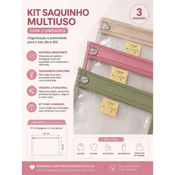 Kit 3 saquinho  Maternidade Multiuso Organizador Envelope com Zíper.