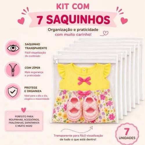 Kit 7 Saquinhos Maternidade Multiuso Organizador Envelope com Zíper.