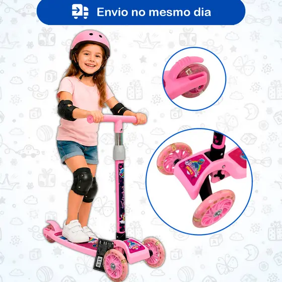 Patinete Dobrável Azul Infantil C/3 Rodas Com Led - Rosa e Azul