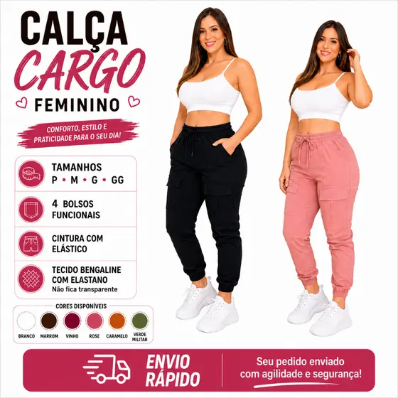 Calça Jogger Cargo Feminina Cintura Alta com Bolsos – Streetwear Casual Confortável