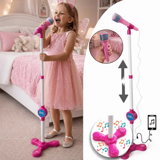 Microfone para Criança com Pedestal Ajustável e Conexão para Celular Brinquedo Menina